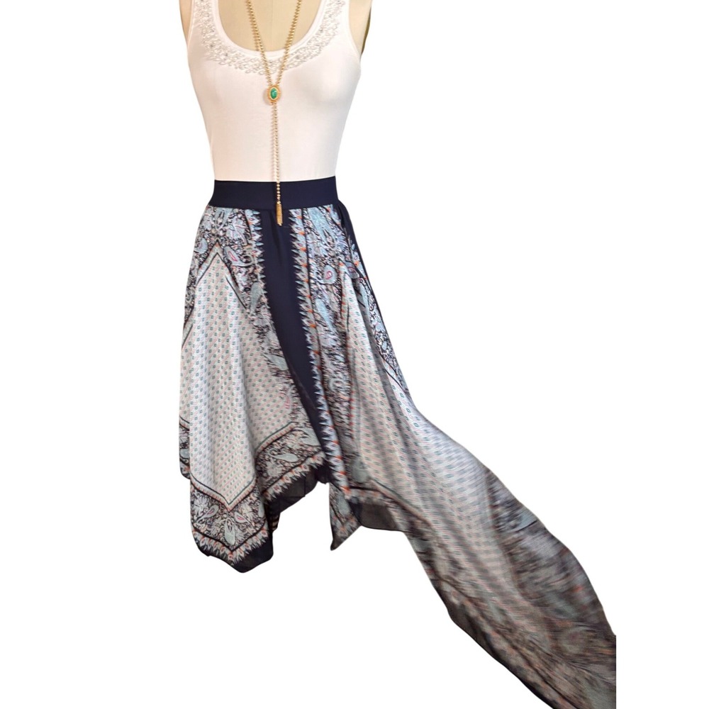 Boho Paisley Metrowear Handkerchief Hem Skirt Scarf Print Elastic Waist M Navy